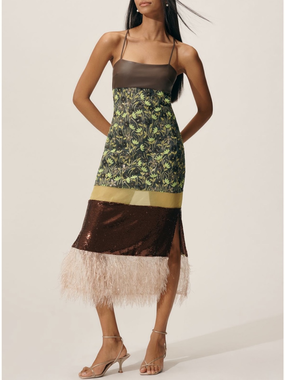 Anthropologie Brown, Green & Cream Mixed-Texture Slip Midi Dress